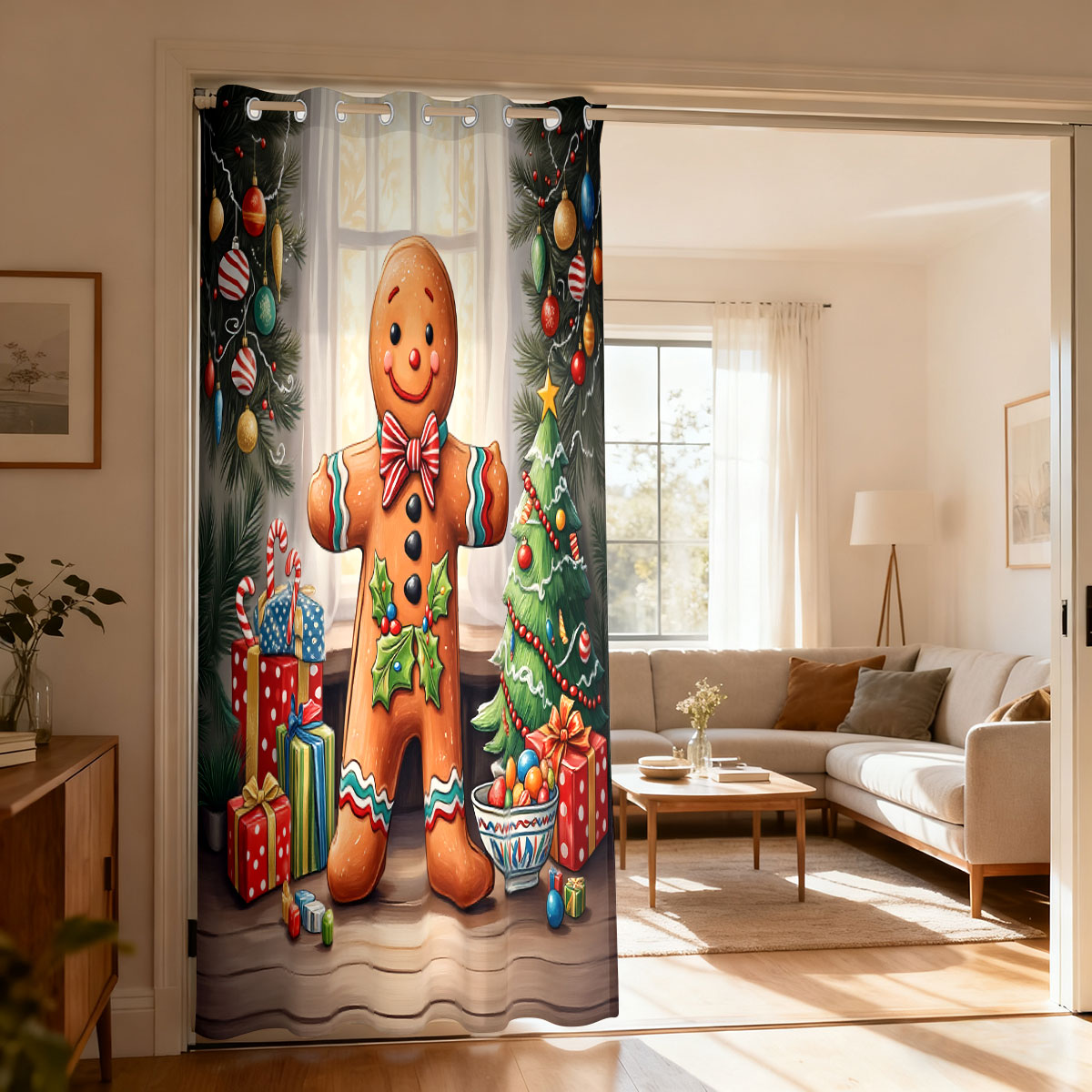 Home Decor Curtains - ม่านลายคริสต์มาสรูปคนขนมปังขิง สำหรับตกแต่งวันคริสต์มาส ม่านแขวนประตู ม่านห้องนั่งเล่น ห้องนอน ของตกแต่งบ้านทันสมัย