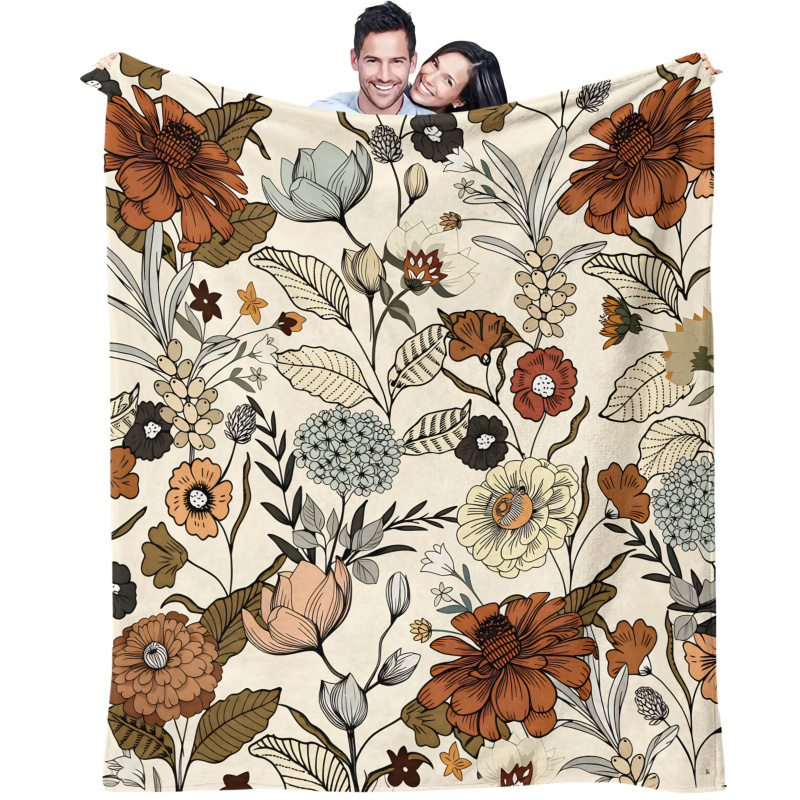 Neutral Throw Blanket - ผ้าห่มฟลีซลายดอกไม้สไตล์โบโฮ วินเทจ โทนสีเอิร์ธโทน ลายดอกไม้ป่า ให้ความอบอุ่นและสบาย เหมาะสำหรับห้องนอน