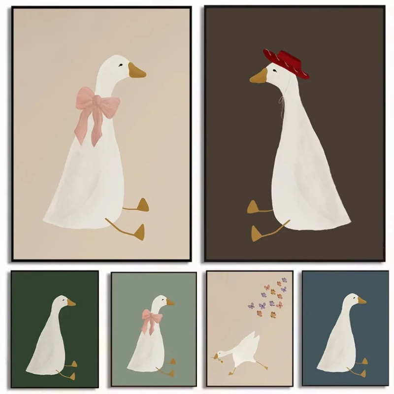 Home Decor Duck - ภาพพิมพ์โปสเตอร์การ์ตูนสัตว์เลี้ยงในฟาร์ม ห่านติดโบว์สีชมพู แม่เป็ด ภาพวาดบนผ้าใบสำหรับตกแต่งผนังห้องเด็ก ของตกแต่งบ้าน