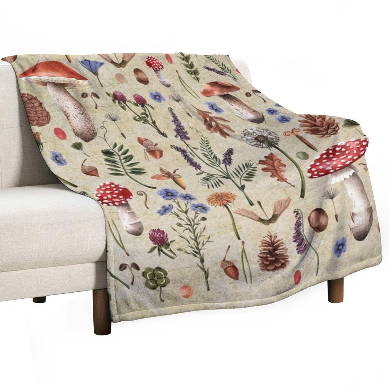 Neutral Throw Blanket - เห็ดสไตล์เรโทร, ดอกไม้ป่า ผ้าห่มลายดอกไม้สีโทนกลาง สำหรับตกแต่งโซฟา ผ้าห่มขนาดใหญ่สำหรับโซฟา