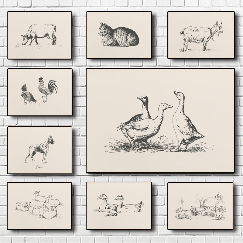 Home Decor Duck - สัตว์เลี้ยงในฟาร์มโบราณ เป็ด แกะ ไก่ตัวผู้และไก่ตัวเมีย วัว โปสเตอร์โบโฮ