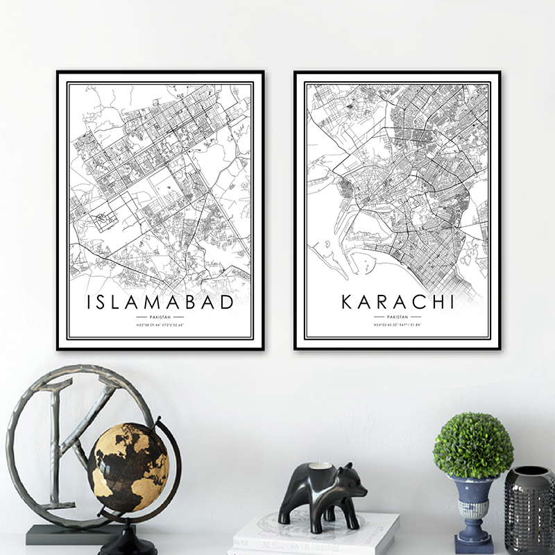 Home Decor Karachi - การาจีแผนที่เมืองโปสเตอร์อิสลามาบัดแผนที่เมืองสีดำและสีขาวพิมพ์ปากีสถาน Travel ศิลปะบนผนังภาพวาดผ้าใบบ้าน Hiasan Kamar
