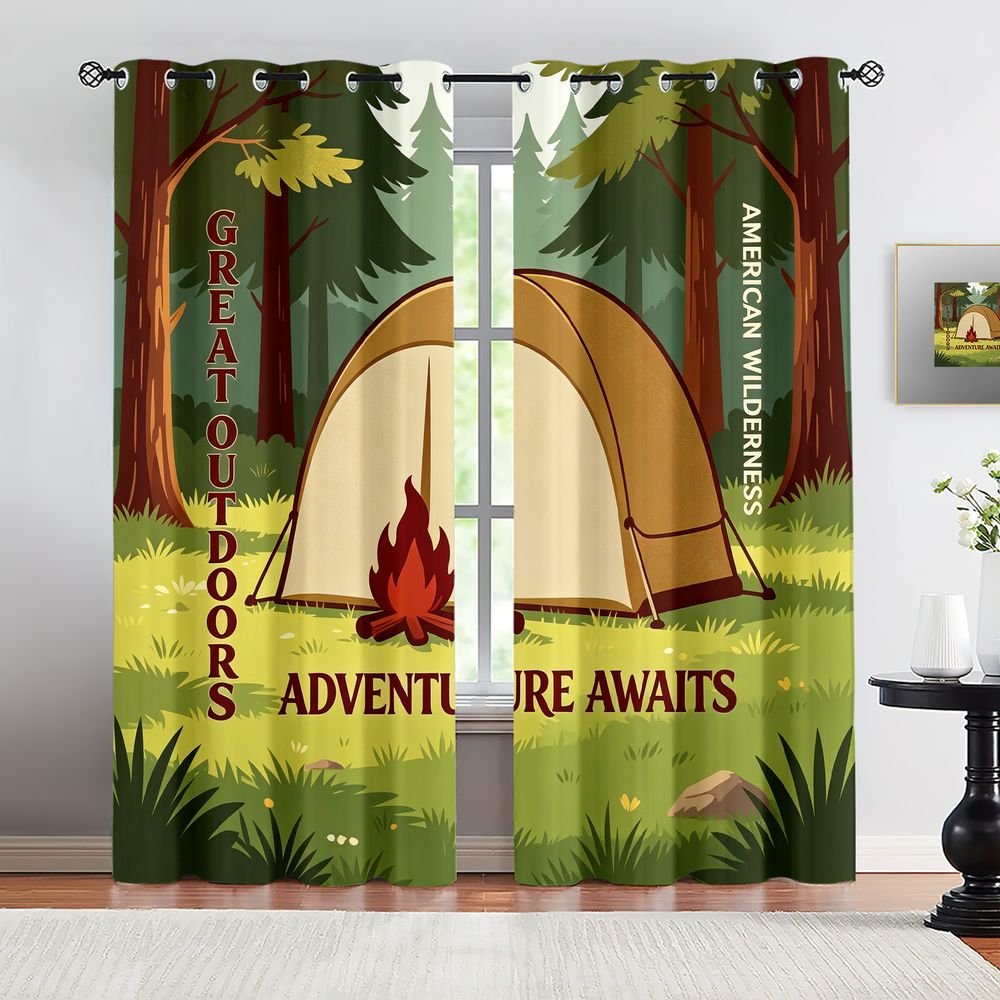 Home Decor Curtains - ผ้าม่านพิมพ์ลายฉากแคมป์ปิ้ง ผ้าม่านกันแสงลายป่าธรรมชาติสไตล์เรสติก ผ้าม่านตกแต่งหน้าต่าง 2 ชิ้น สำหรับห้องนอน