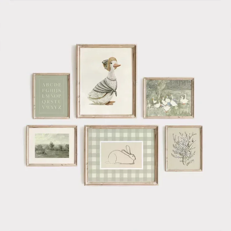 Home Decor Duck - โปสเตอร์ติดผนังห้องเด็กสไตล์โบฮีเมียนสีเขียว ลายกระต่ายและเป็ดสีเขียวอมเทา สำหรับการเรียนรู้ในวัยเด็ก ตกแต่งห้องนอน ห้องนั่งเล่น รุ่น