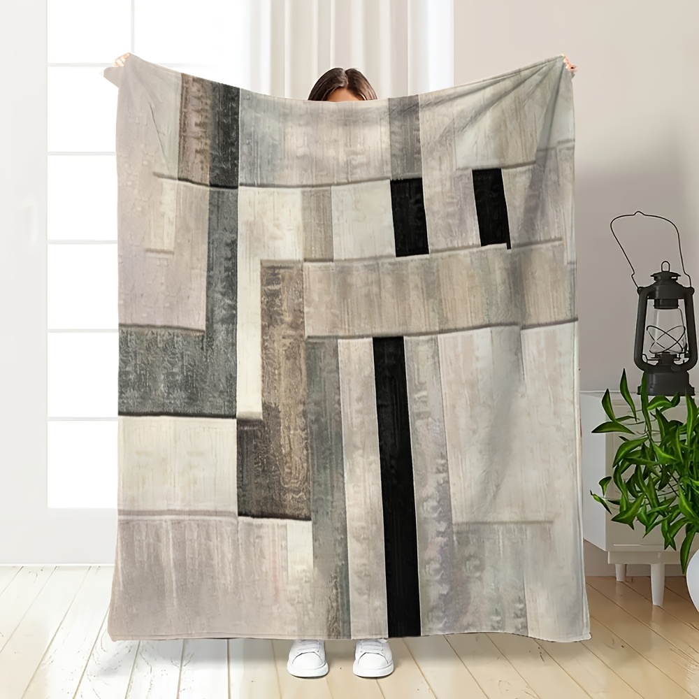 Neutral Throw Blanket - ผ้าห่มนุ่มหรูหราทำจากโพลีเอสเตอร์ลายเรขาคณิตแบบนามธรรม ตกแต่งบ้านสไตล์โมเดิร์น เหมาะสำหรับโซฟา เตียงนอน สีเทา เบจ