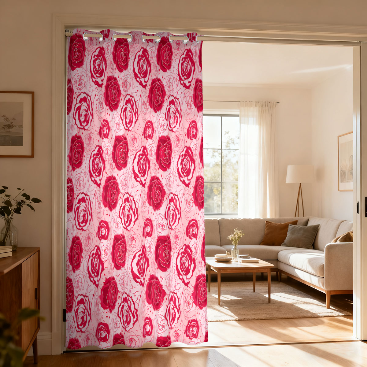 Home Decor Curtains - ผ้าม่านวงกลมเดี่ยวสีชมพูพื้นเขียวอ่อนลายดอกกุหลาบ 1 ชิ้น, ผ้าม่านตกแต่งประตูสำหรับห้องนั่งเล่นห้องนอน, ผ้าม่านแขวนตกแต่งบ้านทันสมัย