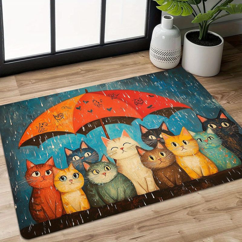 Home Decor Under 1000 - VIKAMA แมวน่ารักภายใต้ร่มพรมเช็ดเท้ากันลื่นพรมปูพื้นทางเข้าลายการ์ตูนแมวตัวน้อยพรมตกแต่งบ้าน