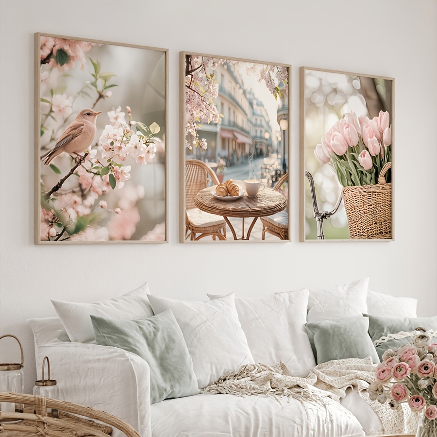 Home Decor Tulip - 3 ชิ้น/ชุด ภาพพิมพ์บนผ้าใบลายถนนปารีสแสนโรแมนติก ดอกไม้ นก ดอกทิวลิป