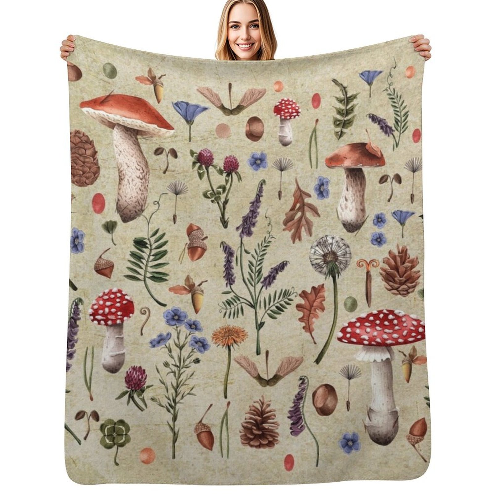 Neutral Throw Blanket - เห็ดพฤกษศาสตร์ย้อนยุค ดอกไม้ป่า d? ผ้าห่มลายดอกไม้สีกลางๆ ดีไซน์สวย ผ้าห่มบางๆ