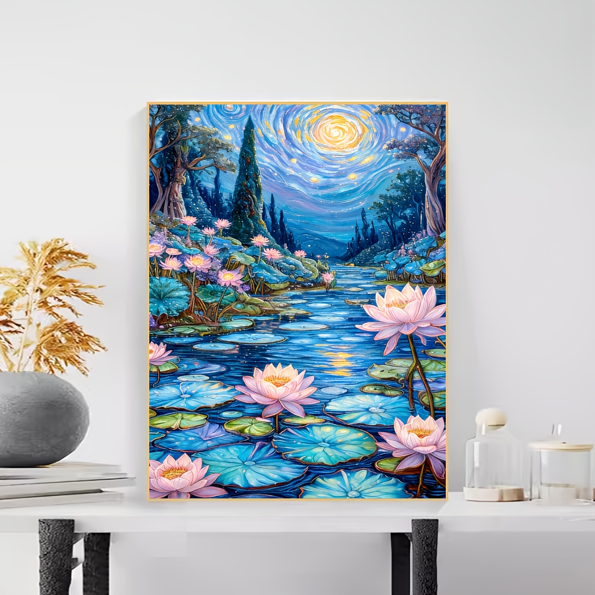 Home Decor Under 1000 - 500/1000/1200/2000PCS ปริศนาสำหรับผู้ใหญ่รูปแบบดอกบัวภายใต้ท้องฟ้าเต็มไปด้วยดวงดาว,จิ๊กซอว์ปริศนาเกมท้าทายสมองของขวัญตกแต่งบ้าน