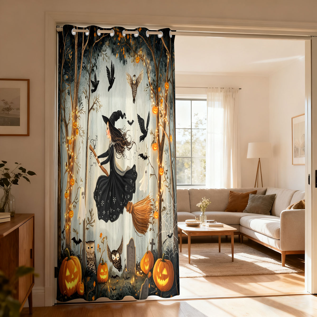 Home Decor Curtains - ผ้าม่านลายป่าผีฟักทองแม่มดฮาโลวีน 1 ผืน สำหรับตกแต่งห้องนั่งเล่น ห้องนอน ประตู