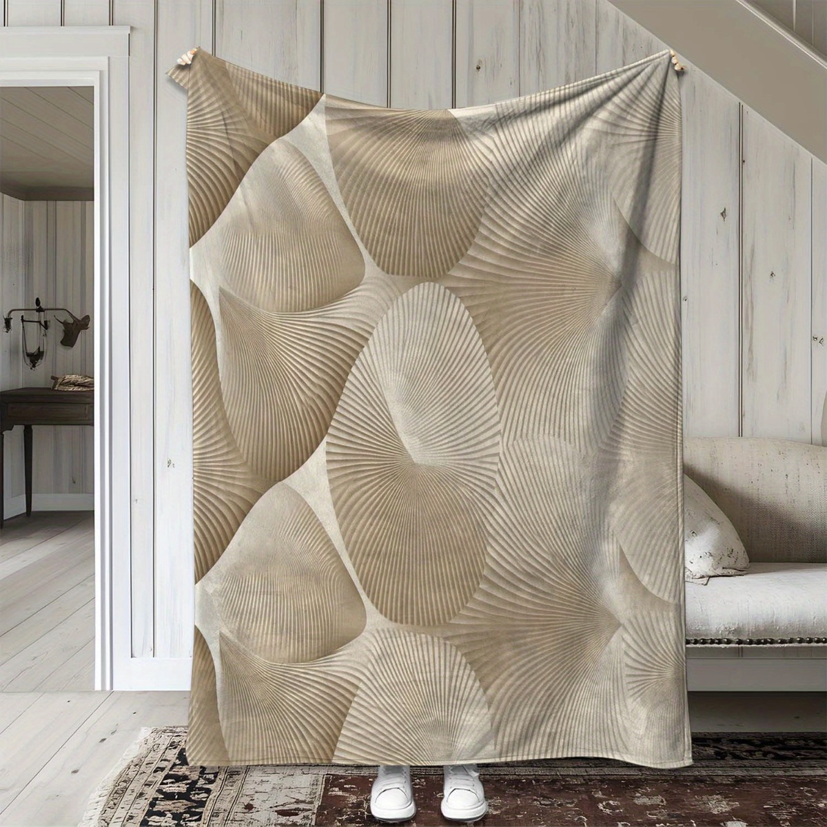 Neutral Throw Blanket - ผ้าห่มฟลีซลายเส้นเรขาคณิตแบบนามธรรมสมัยใหม่ สีเบจโทนกลาง ผ้าห่มนุ่ม อุ่นสบาย สำหรับโซฟา เตียงนอน