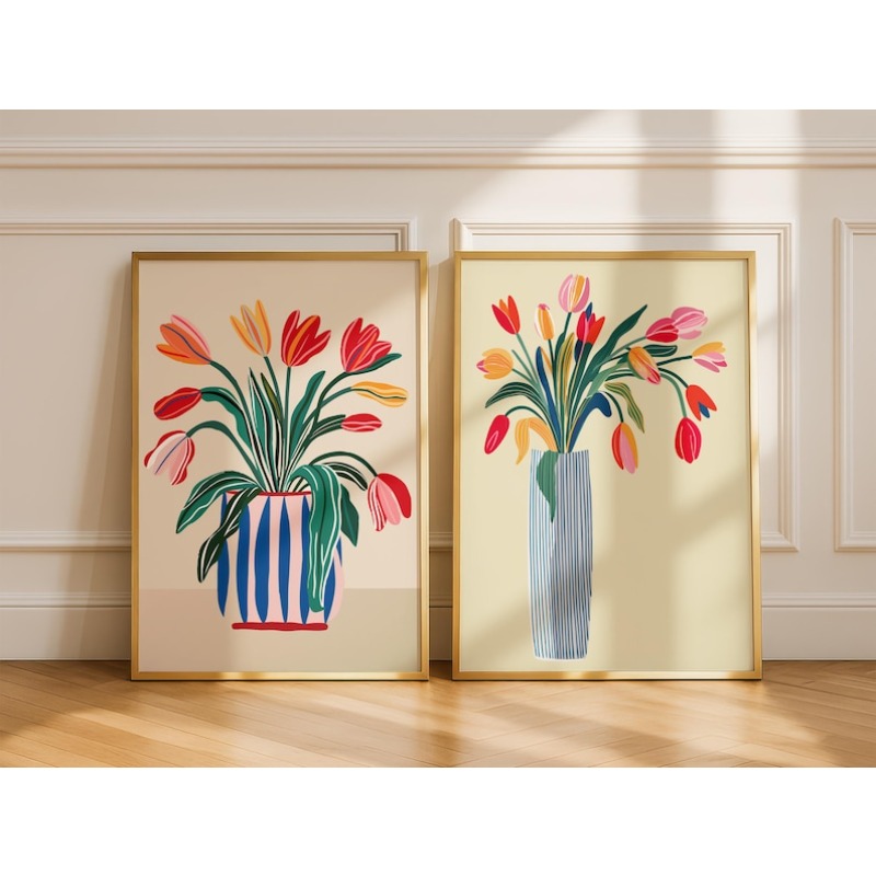 Home Decor Tulip - ภาพพิมพ์ดอกทิวลิปบนผ้าใบ 2 ชิ้น งานศิลปะดอกไม้สมัยใหม่แบบไม่มีกรอบ ภาพพิมพ์แจกันดอกไม้ งานศิลปะพฤกษศาสตร์ที่โดดเด่นสำหรับตกแต่งห้องนั่งเล่นและห้องครัว