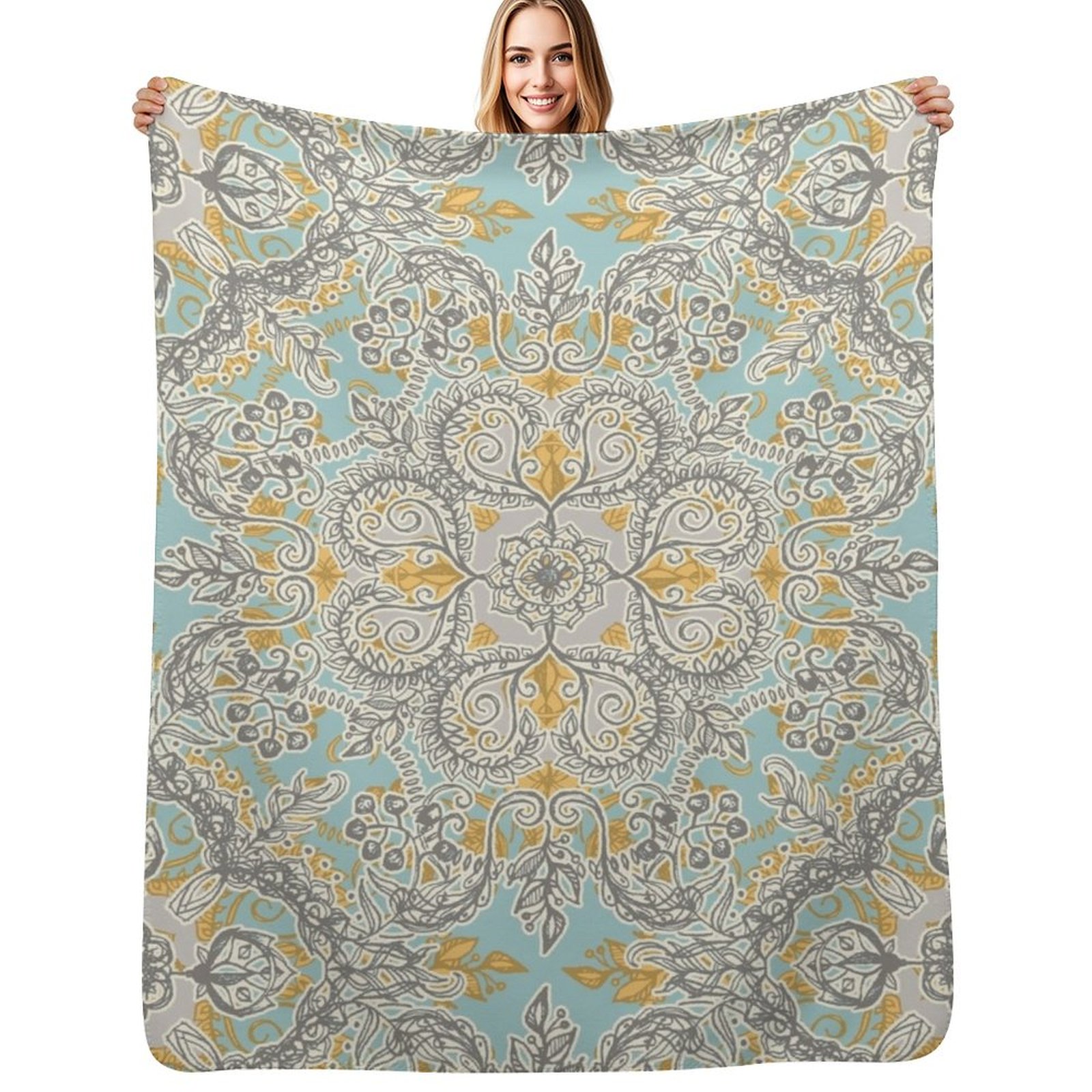 Neutral Throw Blanket - ลายดอกไม้สไตล์ยิปซีในโทนสีนุ่มนวล เทาและเหลืองบนผ้าห่มลายใบเสจ ผ้าห่มตกแต่งอย่างมีสไตล์ ของขวัญสำหรับเพื่อน เพื่อนร่วมห้อง