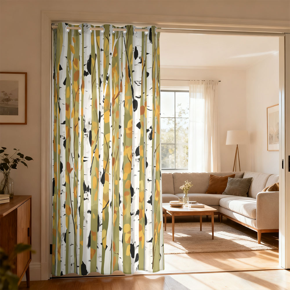 Home Decor Curtains - ผ้าม่านลายป่าเบิร์ชฤดูใบไม้ร่วง 1 ชิ้น ผ้าม่านแบบห่วงเดียว สำหรับห้องนั่งเล่น ห้องนอน