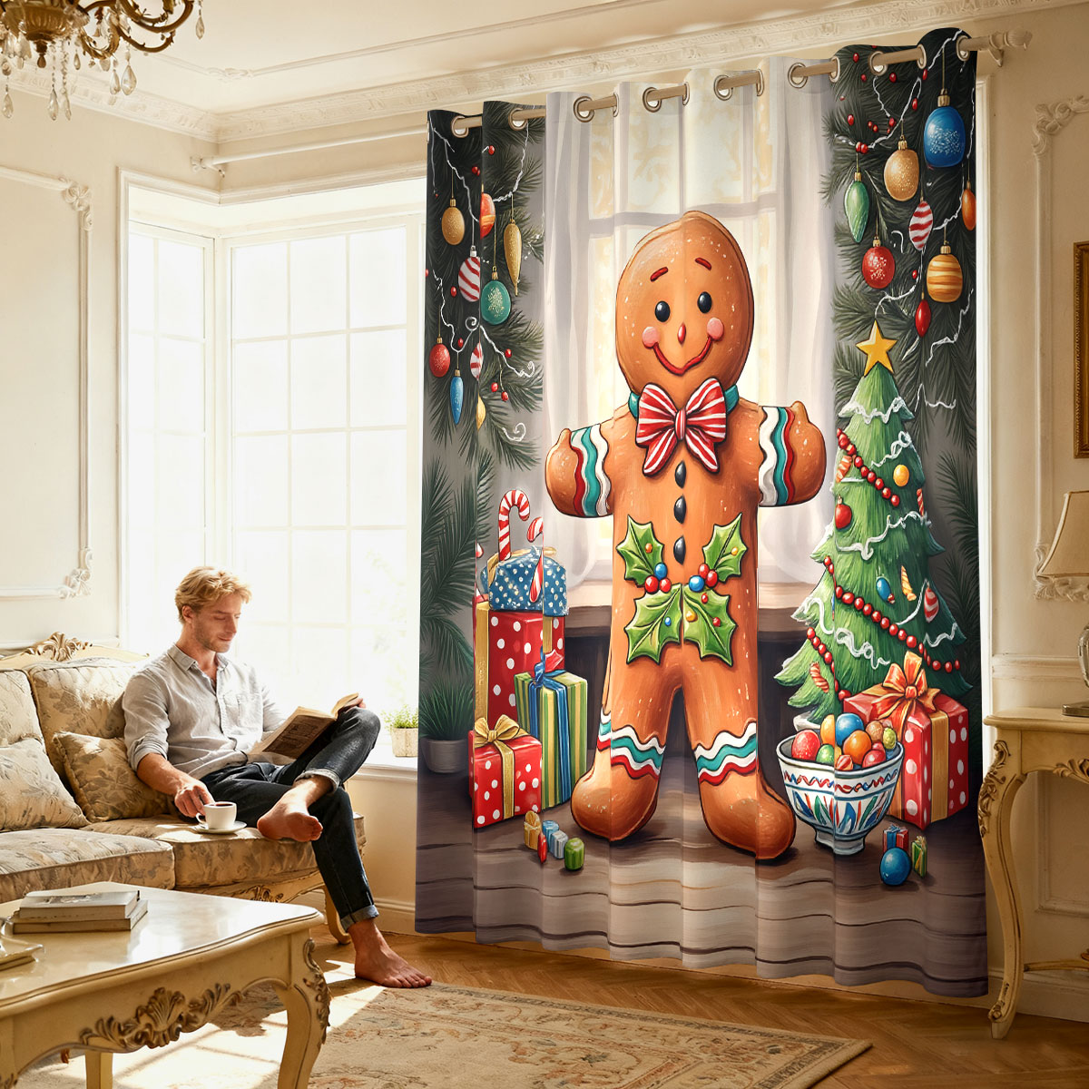 ม่านลายคริสต์มาสรูปคนขนมปังขิง - Home Decor Curtains บทวิจารณ์และราคา