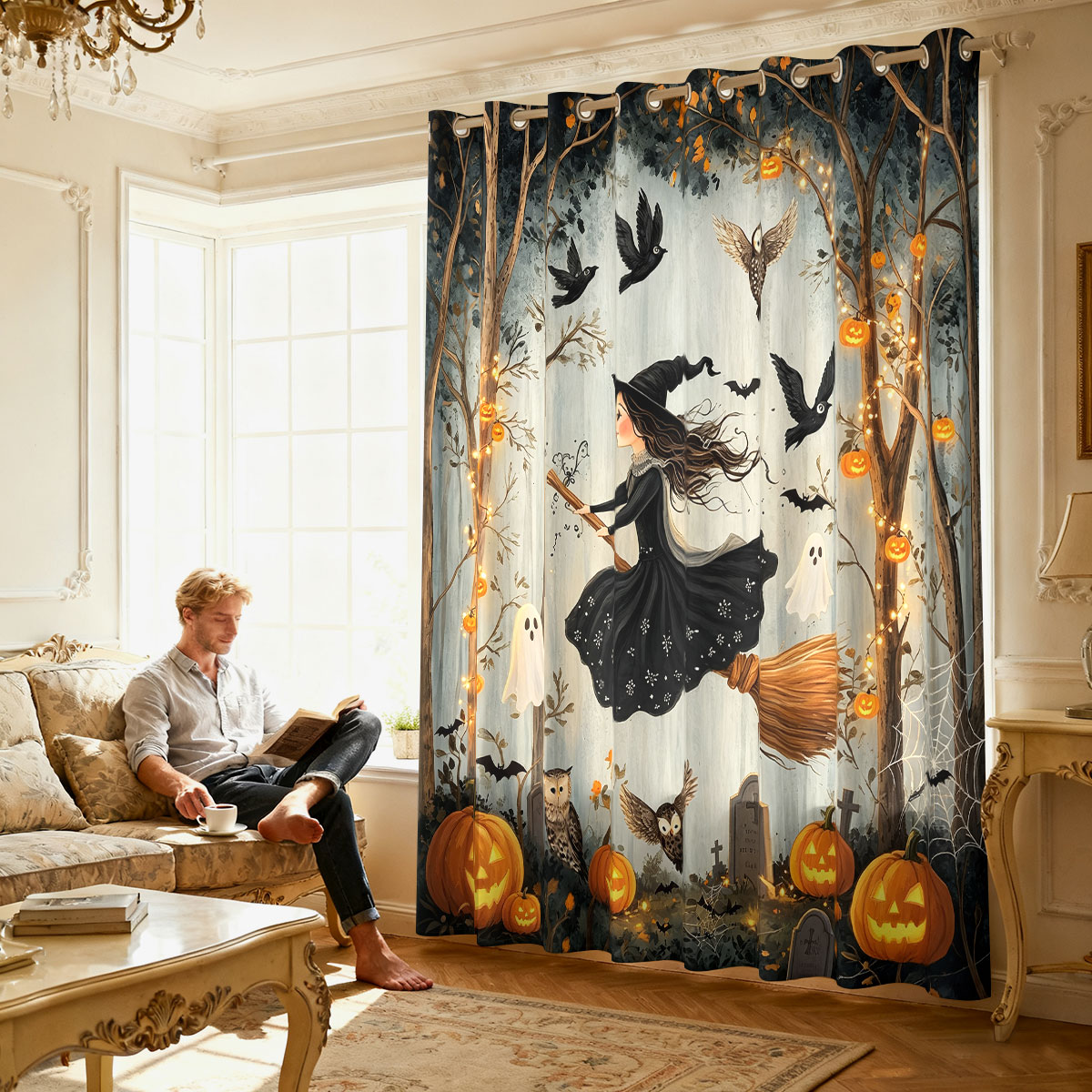 ผ้าม่านลายป่าผีฟักทองแม่มดฮาโล - Home Decor Curtains บทวิจารณ์และราคา